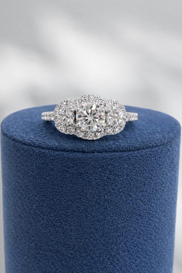 Three Stone Round Engagement Ring-14KW