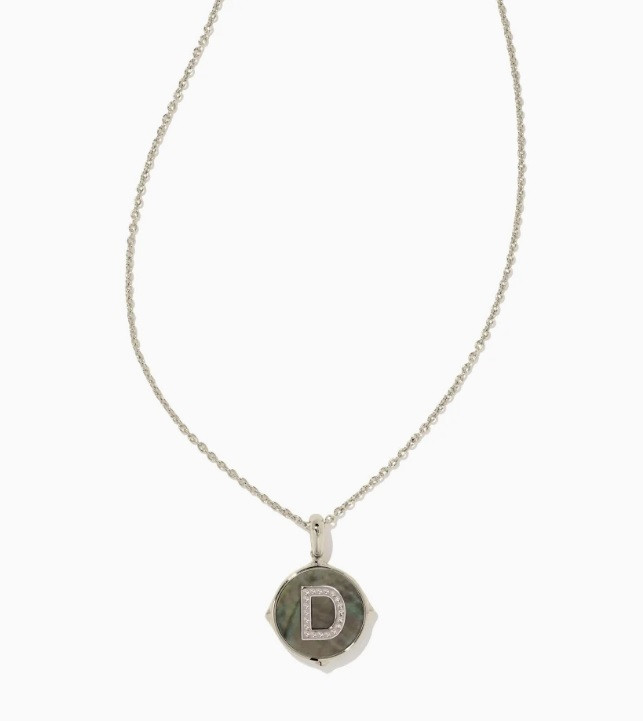 Letter "D" Reversible Disc Pendant in Black MOP- Rhodium