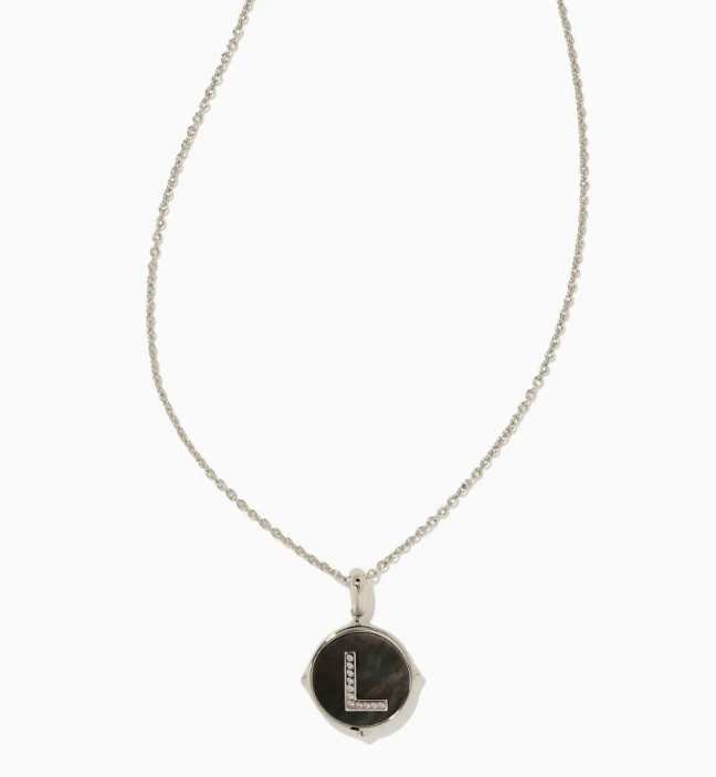 Letter "L" Reversible Disc Pendant in Black MOP- Rhodium