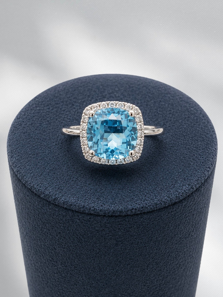 Blue Topaz and Diamond Halo Ring- 10KW