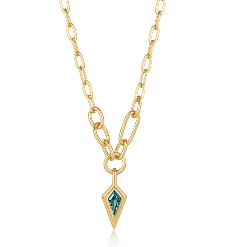 Gold Teal Sparkle Drop Pendant Chunky Chain Necklace