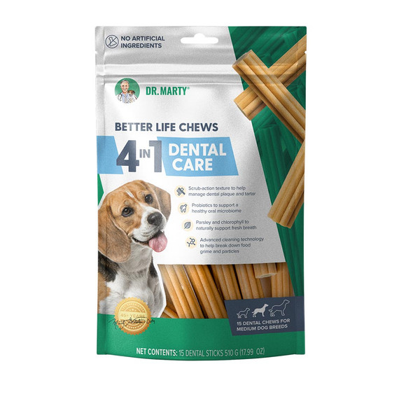 Dr. Marty Better Life 4-1 Dental Care for Dogs - Medium (15 Count - [Dental Sticks]