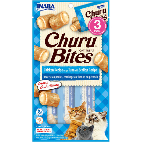 Inaba Churu Bites Cat Treat - Chicken Recipe wraps Tuna with Scallop Recipe 3-Packs (1.05 oz) Inaba Churu Bites Cat Treat - Chicken Recipe wraps Tuna with Scallop Recipe 3-Packs (1.05 oz)