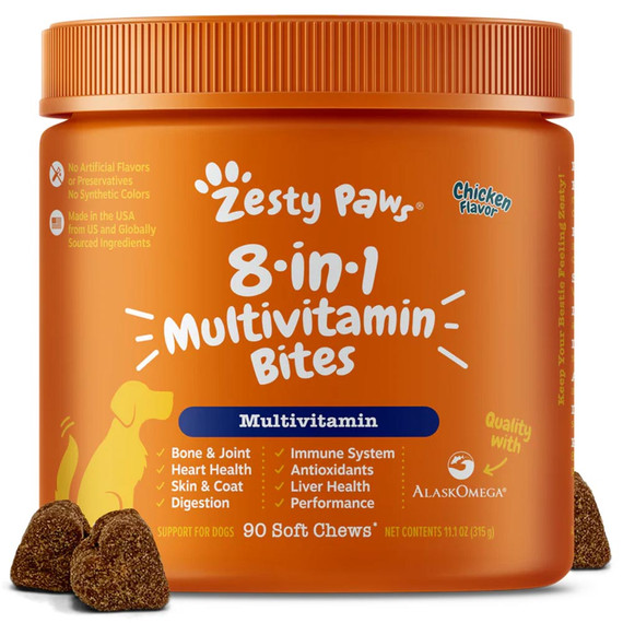 Zesty Paws 8-in-1 Multivitamin Bites for Dogs - Chicken Flavor (90 Soft Chews)