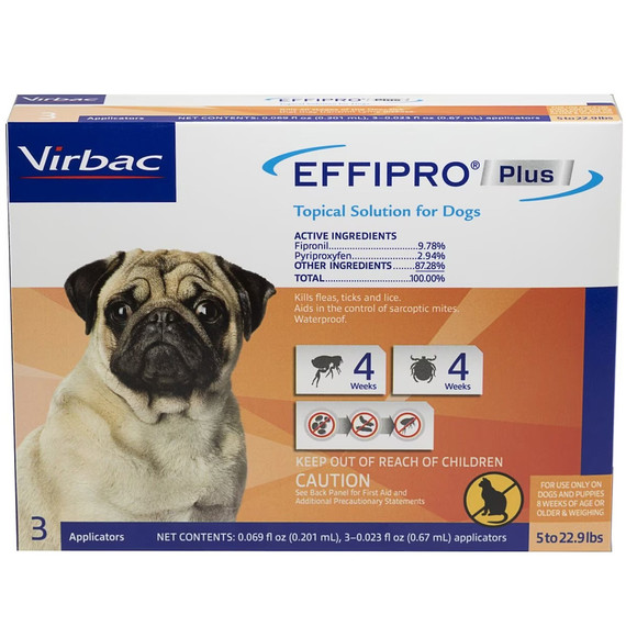 Virbac EFFIPRO Plus Flea & Tick Spot Treatment for Dogs, 5-22.9 lbs, 3 Doses (3-mos. supply)