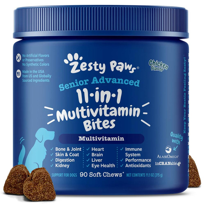Zesty Paws Senior Advanced 11-in-1 Multivitamin Bites for Dogs - Chicken Flavor (90 Soft Chews)
