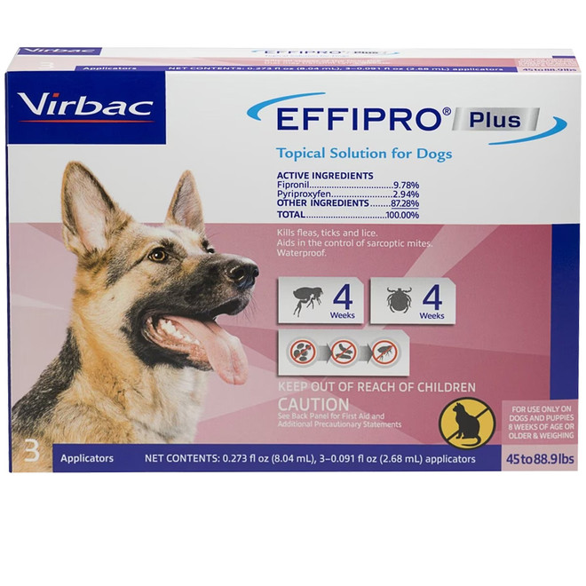 Virbac EFFIPRO Plus Flea & Tick Spot Treatment for Dogs, 45-88.9 lbs, 3 Doses (3-mos. supply)