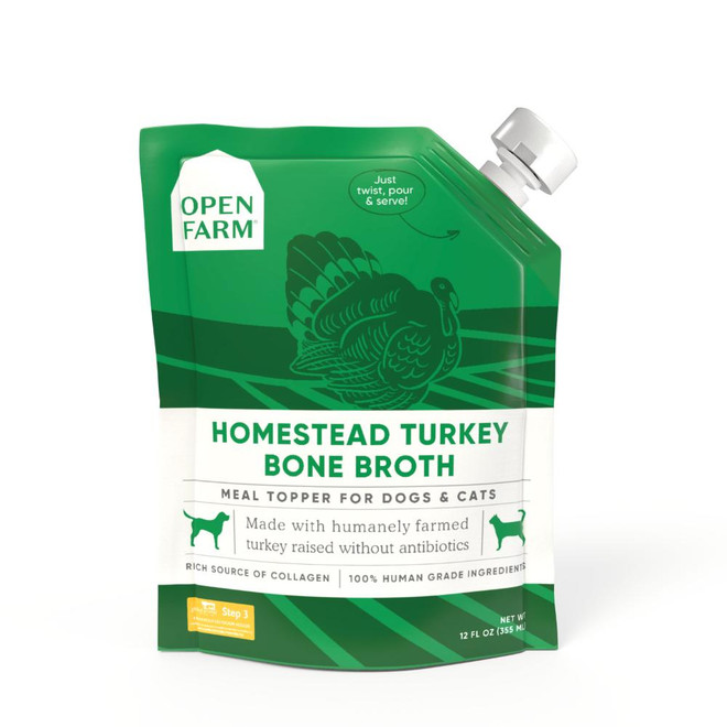 OPEN FARM DOG CAT TURKEY BONE BROTH POUCH 12OZ