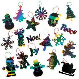 Scratch Art Holiday Ornament 400ct – Assorted Shapes with Scratching Tools and Satin Ribbons for Creative Holiday Crafts