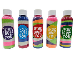 Sand art bottles with Jesus loves you stickers