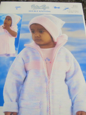 PETER PAN LEAFLET,NO P952, KNITTED JACKET GILET AND HAT,41-66 CM,DK WOOL