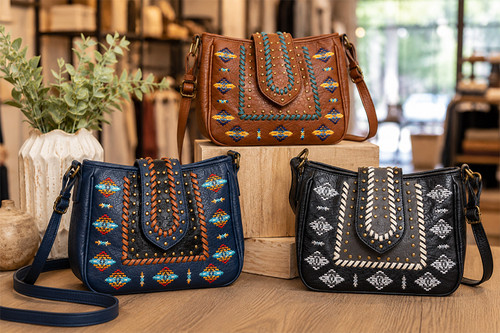 Embroidered Faux Leather Handbag- Solstice