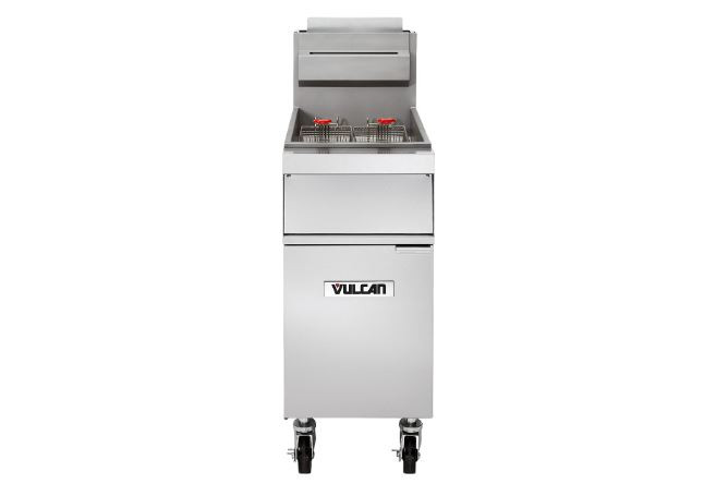 Vulcan 1GR85M-LP stainless steel floor fryer front view with twin fry baskets on casters