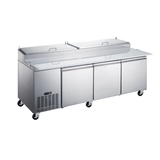 Omcan USA 50044 92" W Stainless Steel 3 Doors Refrigerated Pizza Prep Table -110 Volts 0.25 HP