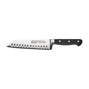 Winco KFP-70 7" Black Granton Edge Acero Santoku Knife with Injection Molded POM Handle