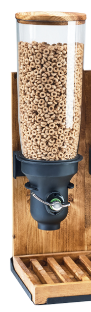 Cal-Mil 3576-1-99FF 8" W x 9 1/2" D x 26 1/2" H 5 L Rustic Pine Base Plastic Cylinder Removable Crumb Catcher Madera Cereal Dispenser