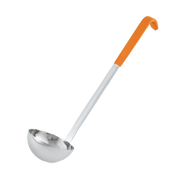 Vollrath 4980865 8 Oz. 18/8 Stainless Steel 14 Ga. 12-5/8" Grooved Hooked Orange Kool-Touch Handle with Satin Finish One-Piece Heavy Duty Ladle