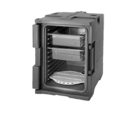 Cambro UPC400SP131 Front Loading One-Piece Poly Shell Holds 1/2 13 and Full Size Pans 2.5" to 8" Deep Approximate Capacity 60 Qt. Molded-In Handles Nylon Latch Dark Brown Ultra Pan Carrier