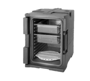 Cambro UPC400SP191 Front Loading One-Piece Poly Shell Holds 1/2 13 and Full Size Pans 2.5" to 8" Deep Approximate Capacity 60 Qt. Molded-In Handles Nylon Latch Granite Gray Ultra Pan Carrier