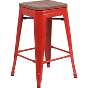 Flash Furniture CH-31320-24-RED-WD-GG Red Textured Wood Seat With Galvanized Steel Counter Height Backless Bar Stool