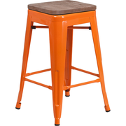 Flash Furniture CH-31320-24-OR-WD-GG Orange Textured Wood Seat With Galvanized Steel Counter Height Backless Bar Stool