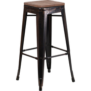 Flash Furniture CH-31320-30-BQ-WD-GG Black Antique Gold Textured Wood Seat With Galvanized Steel Backless Bar Stool