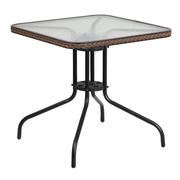 Flash Furniture TLH-073R-DK-BN-GG Dark Brown Rattan Edge Metal Base Powder Coated Finish With Tempered Glass Top Square Patio Table