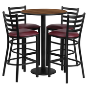 Flash Furniture RSRB1028-GG 30" Dia. x 42" H Walnut Laminate Finish Round Table Set with 4 Metal Ladder Back Metal ladder Back Bar Stools