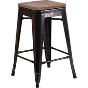 Flash Furniture CH-31320-24-BQ-WD-GG Black-Antique Gold With Textured Wood Seat Galvanized Steel Counter Height Backless Bar Stool