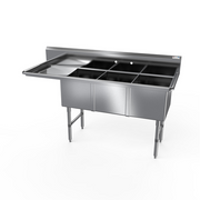 NBR Equipment 3SS-182414L18 76.19" W Stainless Steel 16 Gauge with Left-Hand Drainboard Three-Compartment Premium Sink