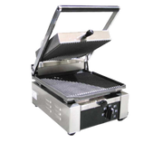 Omcan USA 11375 10" x 9" Grooved Top and Bottom Single Elite Series Sandwich Grill - 110 Volts