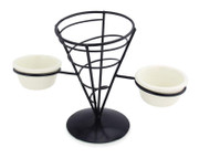Omcan USA 80255 Black Wire Cone French Fry Holder with 2 Ramekin Holders