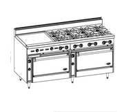 Jade JBR-36G-6-36-LP 72" W Liquid Propane Stainless Steel 6 Burners Bistro Restaurant Range - 282,000 BTU