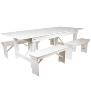 Flash Furniture XA-FARM-2-WH-GG Solid Pine Rectangular Antique Rustic White Plank Top Wood Base Hercules Series Folding Farm Table Set