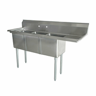 Omcan USA 43777 74.5" W Stainless Steel 18 Gauge Three Compartment with Right-Hand Drainboard Pot Sink