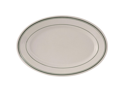 Tuxton TGB-013 Ceramic American White/Eggshell With Green Band Oval / Oblong Platter (1 Dozen)