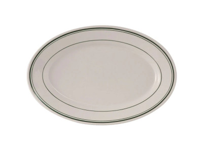 Tuxton TGB-013 Ceramic American White/Eggshell With Green Band Oval / Oblong Platter (1 Dozen)