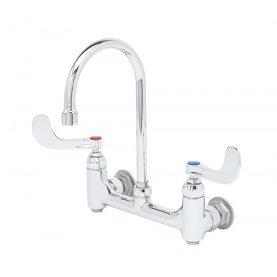 T&S Brass B-0353-04 Medical Faucet wall mount 8" centers 5-3/4" swivel gooseneck 4" wrist handles compression cartridge stream regulator tip
