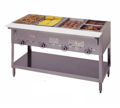 Duke 304-NG 58.38" W Natural Gas Stainless Steel 4 Pan Open Base Aerohot Steamtable Hot Food Unit - 10000 BTU