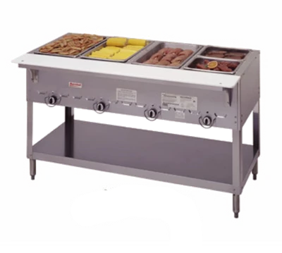 Duke 304-NG 58.38" W Natural Gas Stainless Steel 4 Pan Open Base Aerohot Steamtable Hot Food Unit - 10000 BTU