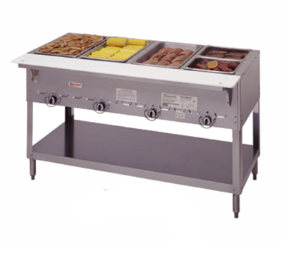 Duke 304-NG 58.38" W Natural Gas Stainless Steel 4 Pan Open Base Aerohot Steamtable Hot Food Unit - 10000 BTU