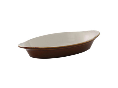 Tuxton B1N-150 17 Oz. Ceramic Caramel/Eggshell Oval / Oblong Welsh Rarebit (1 Dozen)
