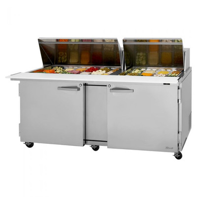 Turbo Air PST-72-30-N PRO Series 72.63" W Stainless Steel 2-Section 2 Hinged Solid Doors Mega Top Sandwich and Salad Prep Table - 115 Volts