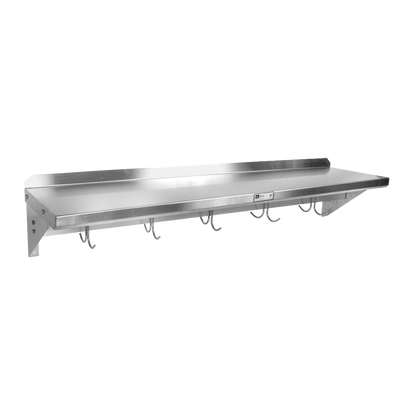 John Boos BHS1260PR Shelf Wall Mount With Pot Rack 60"W 1-1/2"H Rear Up-Turn (5) Stainless Steel Hooks 18/300 Stainless Steel