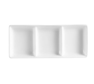 CAC China CN-D3 2 Oz. Super White Porcelain Rectangular CN Divided Sauce Dish (3 Dozen Per Case)