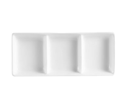 CAC China CN-D3 2 Oz. Super White Porcelain Rectangular CN Divided Sauce Dish (3 Dozen Per Case)