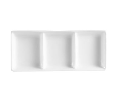 CAC China CN-D3 2 Oz. Super White Porcelain Rectangular CN Divided Sauce Dish (3 Dozen Per Case)