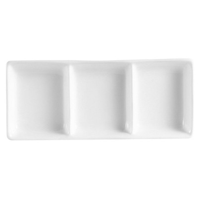 CAC China CN-D3 2 Oz. Super White Porcelain Rectangular CN Divided Sauce Dish (3 Dozen Per Case)