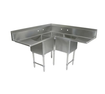 John Boos E3BCS-184-2D18 54" - 62" Stainless Steel 3 Compartment Left & Right Drain Corner Sink 14" Deep