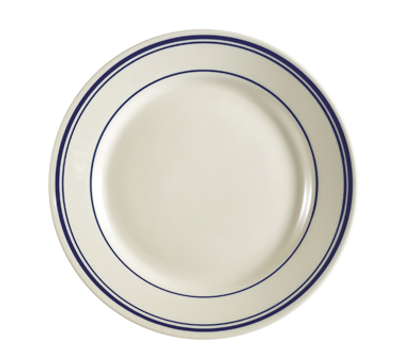 CAC China BLU-9 9.75" Dia. American White Ceramic Round Blue Line Plate (2 Dozen Per Case)